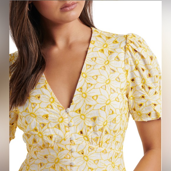 Ever New Yellow Embroidered Puff Sleeve Mini Dress Fit and Flare Coquette Size 4 - Picture 4 of 15